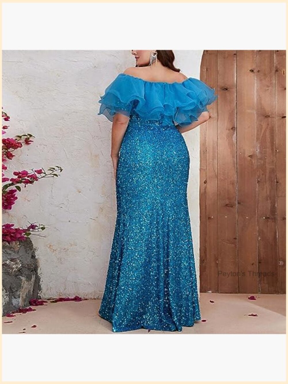 Sequined Off Shoulder Bodycon Maxi Formal Gown Ruffle Dress - Picture 2 of 7